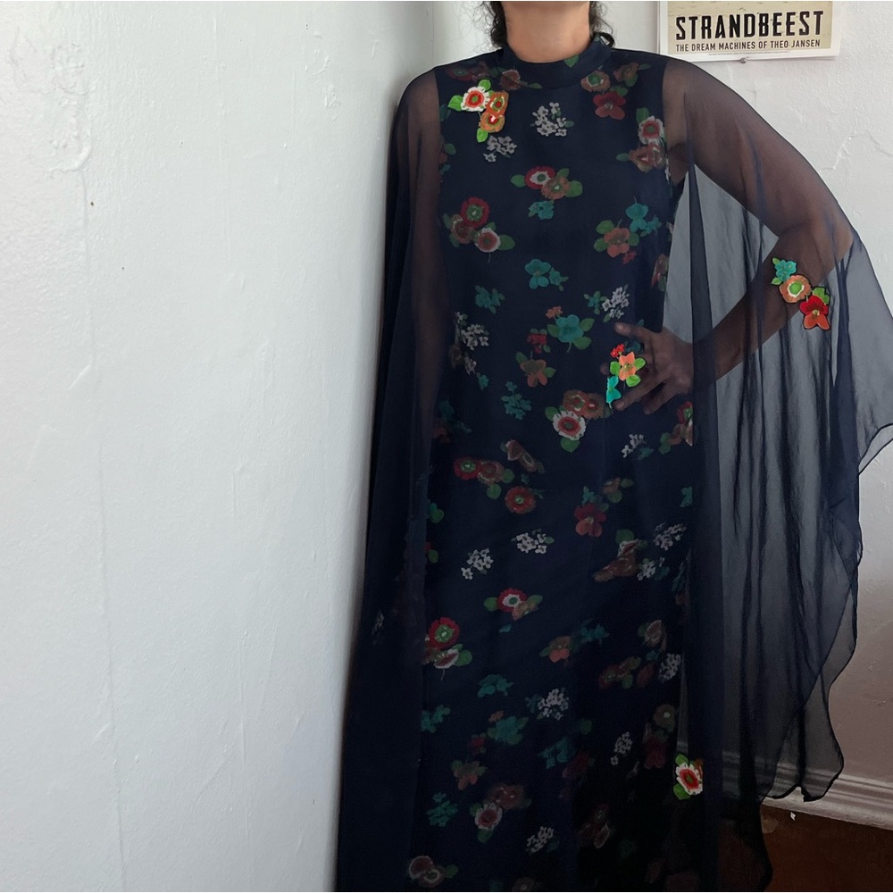 Vintage 70’s I. Magnin / Floral Maxi Dress with Chiffon Overlay - Picture 1 of 8